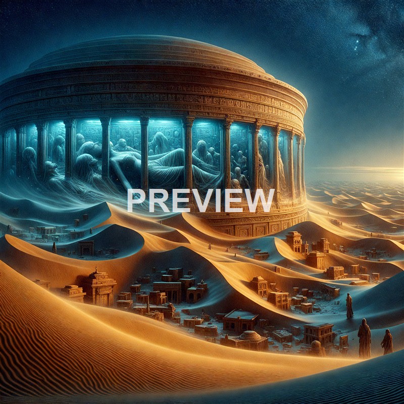 A surreal scene of an ancient, ornate circular structure with glowing blue statues inside, situated amidst a desert landscape with sand dunes and ruins under a starry night sky.